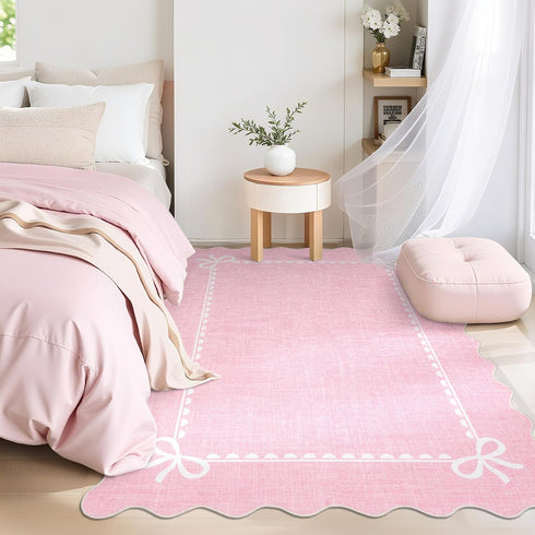 5x7 GarveeHome Scalloped Bow Rug for Living Room, Solid Pink Rug for Dorm, Washable Rugs Soft Low Pile Non Slip