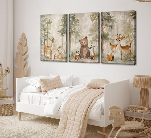 3Pcs MIZILI Woodland Animal Nursery Canvas wall art Wild Animals Forest Paintings Pictures Wall Decor Fox Bear Deer