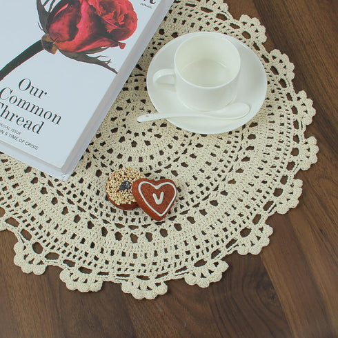 kilofly Handmade Crochet Round Cotton Lace Table Placemats Doilies Value Pack, 4 Medallion, 17 Inch, Beige