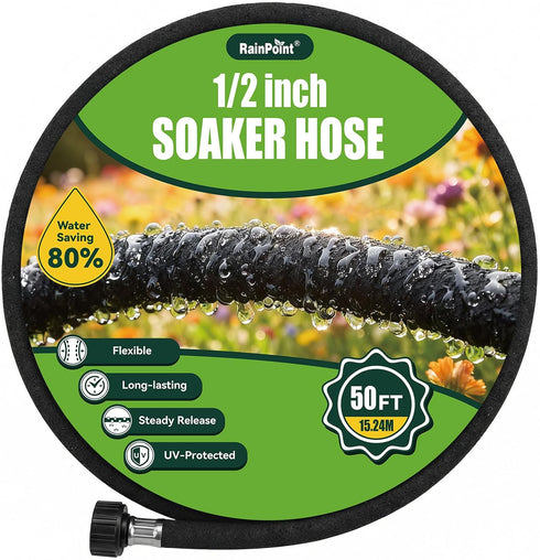 RAINPOINT 1/2'' Soaker Hose 50ft for Garden, Drip Irrigation Hose, Water Seeper