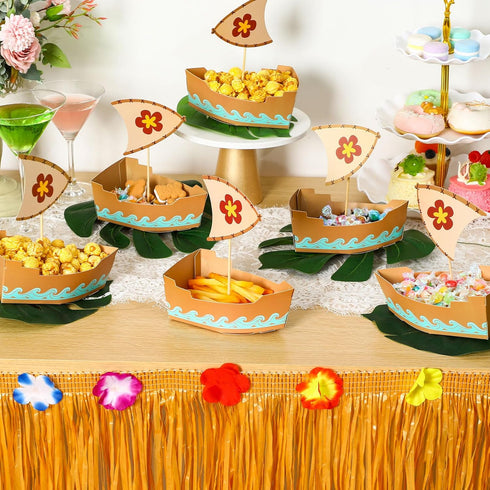 Jingmore 24 Set Pcs Theme Party Decorations Disposable Paper Food Serving Tray Boats Tray with Bamboo Sticks
