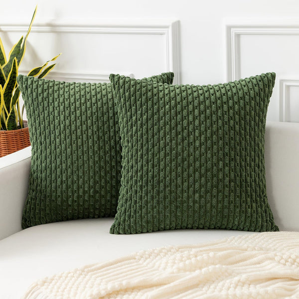 Kevin Textile Throw Pillow Covers, Set of 2 Soft Corduroy Decorative Boho Striped Pillowcases, 24x24 Inch Moss Green