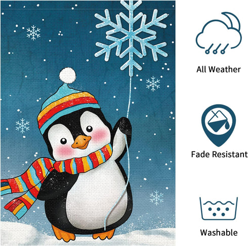 Winter Penguins Garden Flag 12x18 Inch Double Sided Burlap Welcome Christmas Snowflakes Scarfs Outdoor Holiday