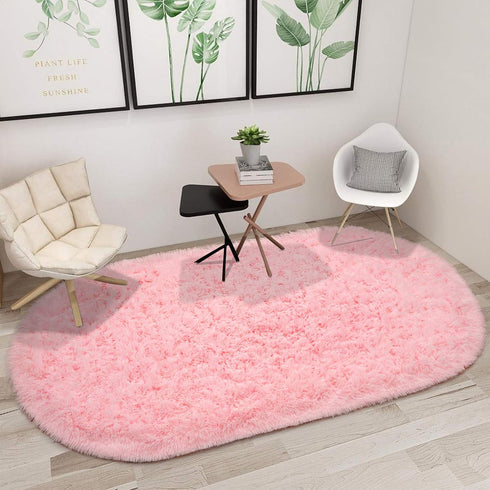 junovo Ultra Soft Washable Shaggy Rug (2.6x5.3ft Pink) - Non-Slip Oval Carpet for Kids Bedroom & Home Decor | Plush