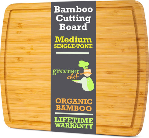 15 Inch GREENER CHEF Bamboo Cutting Board with Lifetime Replacements - Medium Wooden Chopping Board for Kitchen