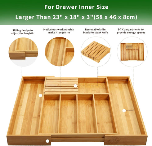 VaeFae Bamboo Silverware Drawer Organizer, Expandable Utensil Organizer with Knife Block, Cutlery Tray with Divider,