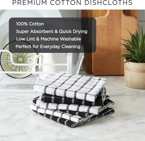 DII Basic Terry Collection Windowpane Dishcloth Set, Black, 12x12, 6 Piece