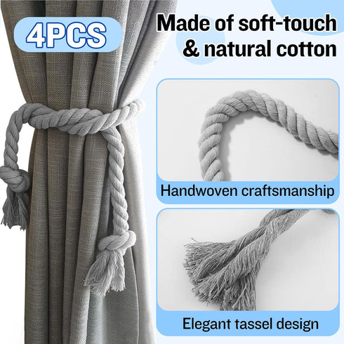 4 Pcs Hand Woven Curtain Tiebacks, No Drilling Boho Rope Holdbacks for Light Color Curtains, Grey