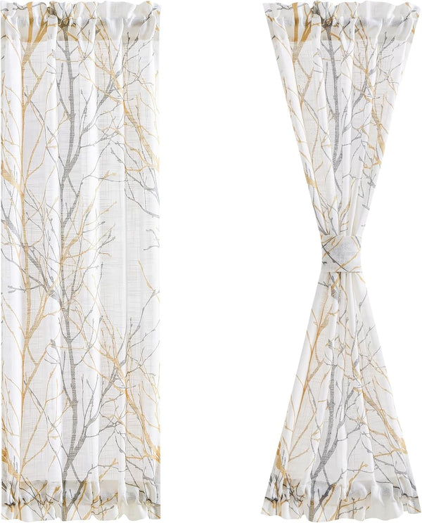 FMFUNCTEX Sheer Sidelight Front Door Curtains - 40 Inches Long White Yellow Branch Tree Print Curtain Set with Tiebacks