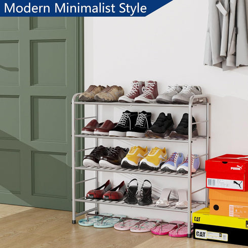 4-Tier Expandable Adjustable Shoe Organizer - Silver Wire Grid Storage Shelf