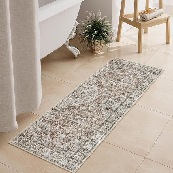 Uphome Bathroom Rugs Runner, Distressed Farmhouse Boho Khaki Bath Mat, Non Slip Washable Vintage Velvet Runner