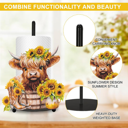 Countertop JarThenaAMCS Highland Cow Sunflower Paper Towel Holder Watercolor Floral Cattle Large Metal Towel Holder