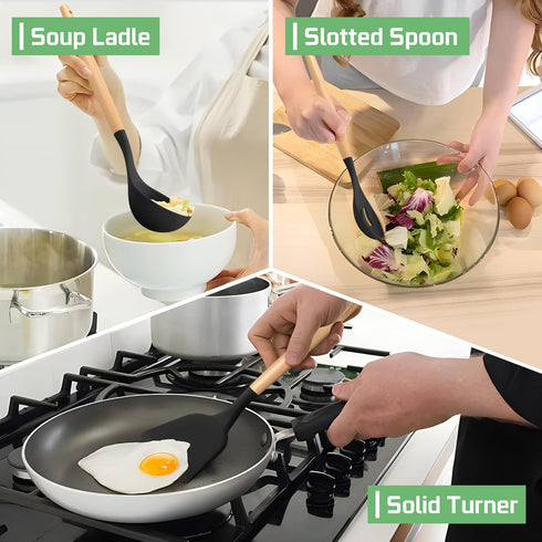 TeamFar Silicone Kitchen Utensils Set, 6 Piece Set with Wooden Handles for Non-stick Cookware