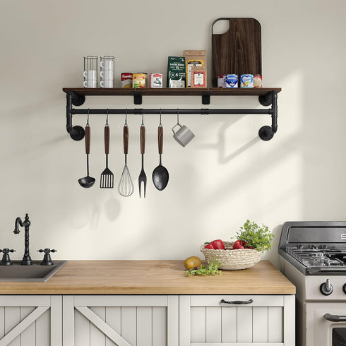 Industrial Pipe Clothes Rack with Top Shelf and 3 Hooks, 41''L Wall Mounted Heavy Duty Iron Garment Rack