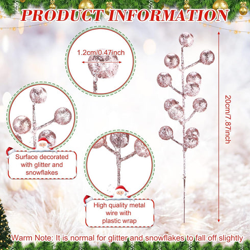 30 Geosar Pieces Artificial Christmas Berry Picks with Snowflake Glitter Artificial Holly Berry Stems for Christmas