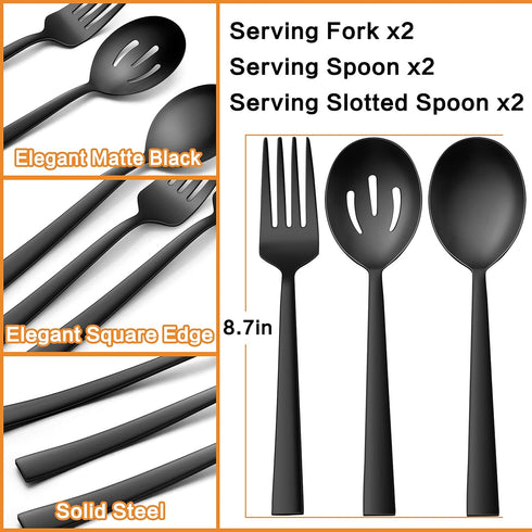 E-far Matte Black Serving Utensils Set of 6, Stainless Steel 8.7 Inch Hostess Serving Set with Square Edge, Metal Serving Slotted Spoons Forks for Party Buffet Catering by E-far