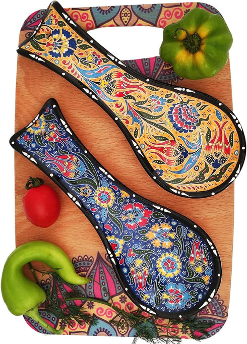 Handcrafted Turkish Ceramic Spoon Rest Set of 2-9" Large Spoon Holder for