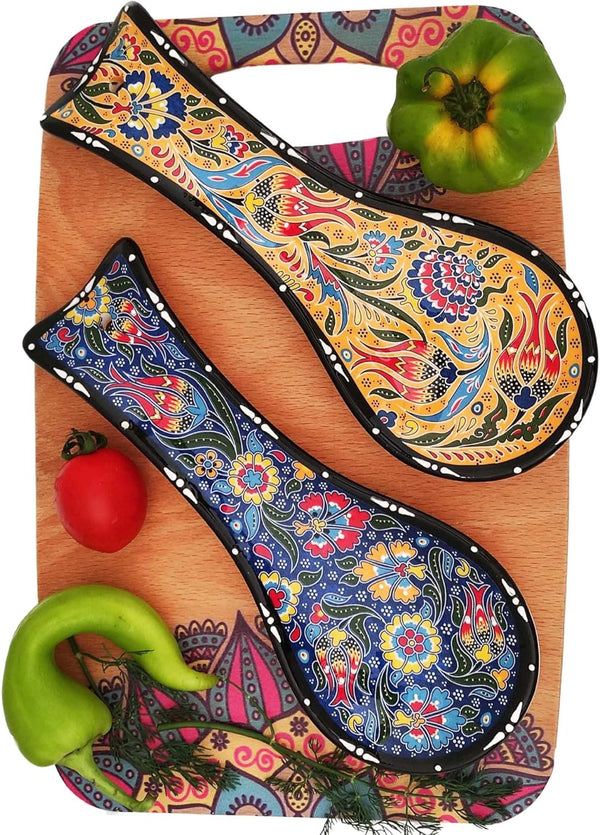 Handcrafted Turkish Ceramic Spoon Rest Set of 2-9" Large Spoon Holder for
