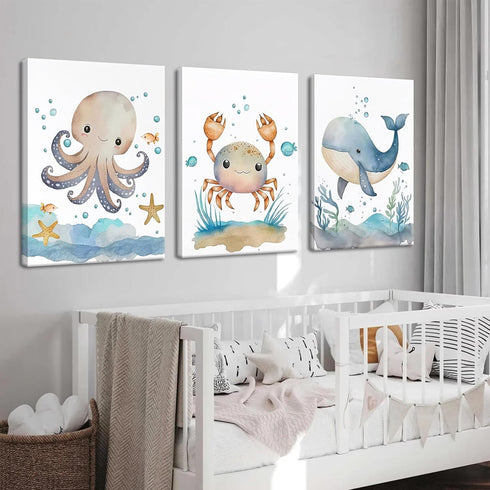 Set 3, 12x16 Inch Ocean Nursery Wall Art of Sea Animal Baby Boys Room Canvas Wall Decor Paintings, Watercolor Ocean