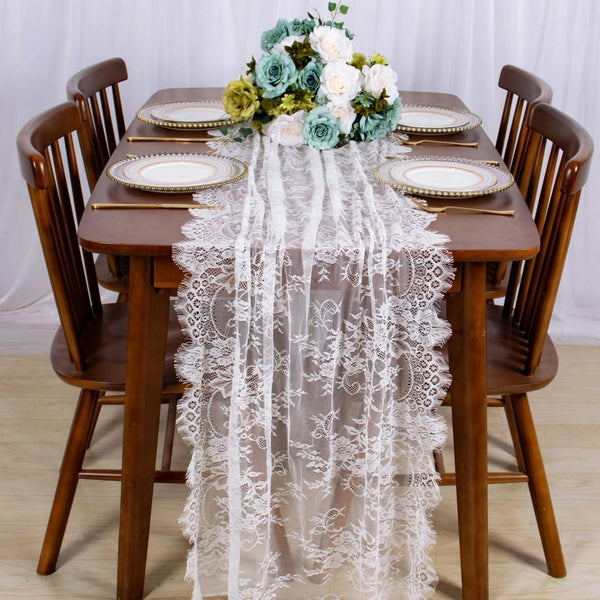 ShinyBeauty 30x120 Inch White Lace Table Runner - Rustic Boho Party Table Linen for Wedding and Special Events