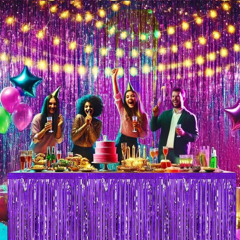 Allgala 2-Pack Purple Tinsel Table Skirt, 29x108 Inch Metallic Foil Fringe for Party Event, Parade Float