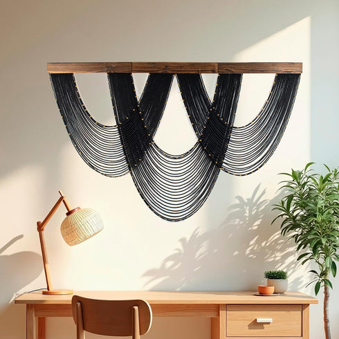 LB 47x30 Inch Large Macrame Wall Hanging Black, Boho Tapestry Wall Hanging Macrame Wall Art Handmade Yarn Woven Wall