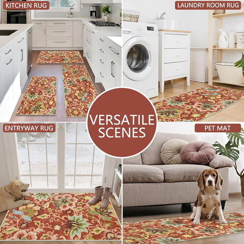 Homcomoda Kitchen Mats 3 Piece Set, Non Slip Washable Floral Kitchen Rugs for Sink, Laundry Room
