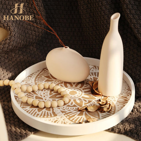 Hanobe Decorative Serving Tray Round: Farmhouse Coffee Table Decor Boho White Mandala Trays for Living Room Kitchen