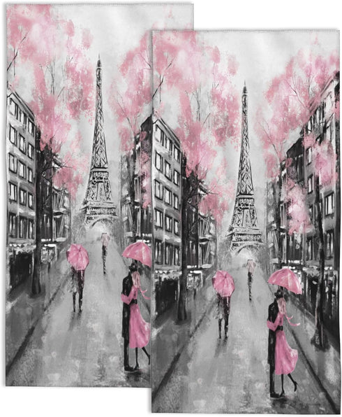 Eiffel Tower Hand Towel Set of 2,Pink Paris Decorative Bathroom Towels Face