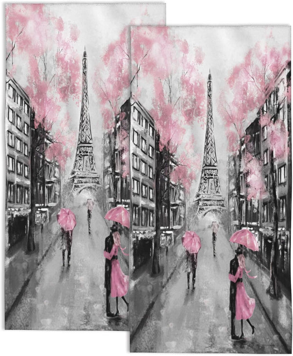 Eiffel Tower Hand Towel Set of 2,Pink Paris Decorative Bathroom Towels Face