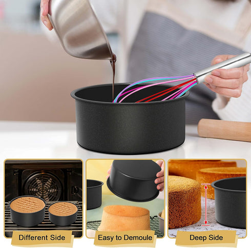 E-far Deep Cake Pan Set of 3 (4/6/8 Inch), Nonstick Stainless Steel Round Cake Pans Tins for Baking Layer Wedding Cakes, Stainless Steel Core & Nontoxic Coating, Deep & Straight Side