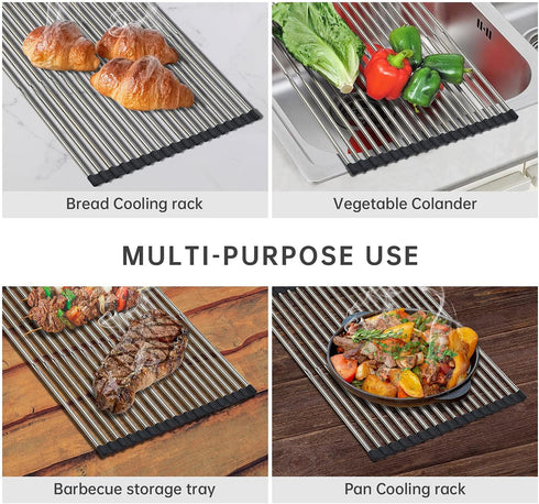 Expandable Large Roll Up Dish Drying Rack, Collapsible Over The Sink Non-Slip Silicone Rack for Kitchen