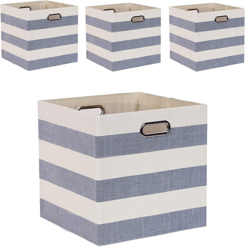 Cube Storage Bins 13×13, Fabric Foldable Box Set of 4, Large Capacity for Closet, Grey-White Stripes