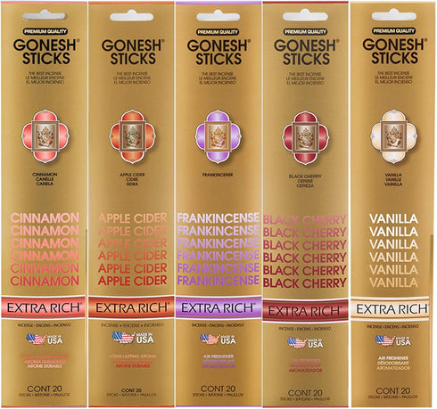 Gonesh Incense Extra Rich Collection Variety Pack, 5 Packs, 20 Sticks Each (Cinnamon, Apple Cider, and More)