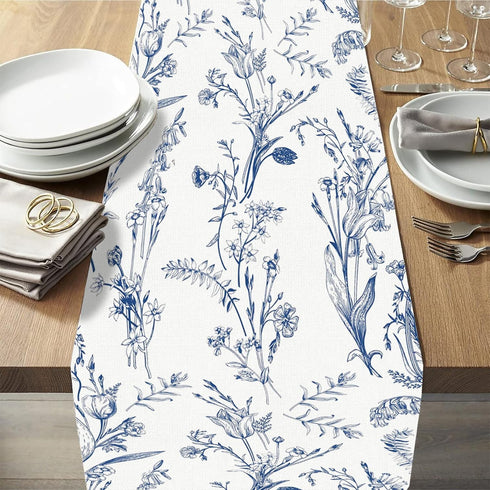 Country 13x72 Inch PROCIDA Navy Blue Floral Table Runner Vintage French Wildflower Burlap Table Runners Farmhouse