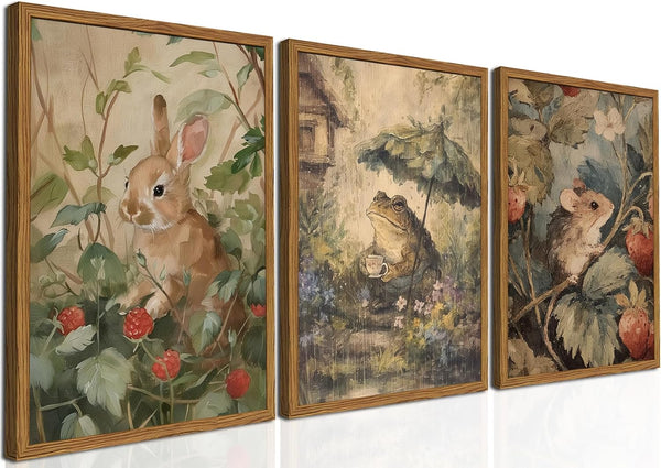 Marllifenney Framed Vintage Cottagecore Wall Art Set of 3, Cute Rabbit Frog Mouse