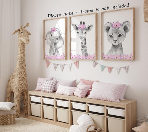 Set 3 (8x10) Safari Animals Baby Girls Nursery of Unframed Wall Art Prints, Gray Baby Animals with Pink Flowers, Child