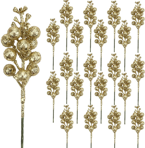 DIYASY Champagne Glitter Berry Stems,20Pcs Artificial Xmas Picks and Sprays Christmas Tree