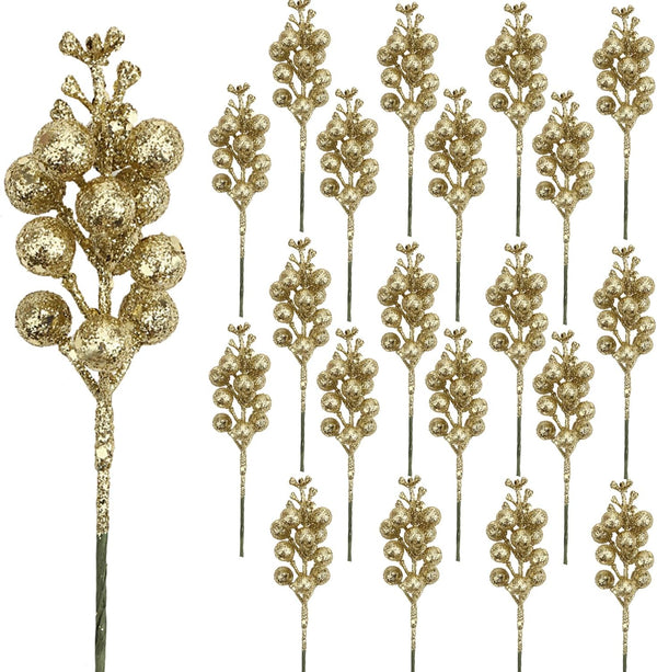 DIYASY Champagne Glitter Berry Stems,20Pcs Artificial Xmas Picks and Sprays Christmas Tree