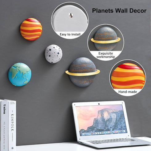 4Pcs 3D Outer Space Planets Wall Decor - Modern Wall Sculptures for Living Room & Bedroom - Solar System Decorations