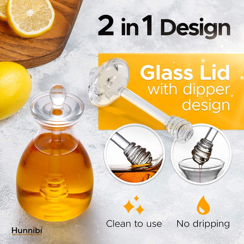 Hunnibi Handmade Honey Jar with Dipper, Glass Made Honey Dipper and Honey Pot - Honey Dispenser