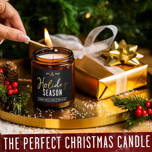 Holiday Candles, Christmas Scented Soy Candle, ‘Holiday Season’ with Apple, Cinnamon & Clove, 9oz