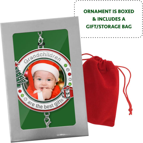Grandchildren Photo Christmas Ornament - Dated 2025 Charm - Red White Green Enameled Jeweled Accents for Grandparents