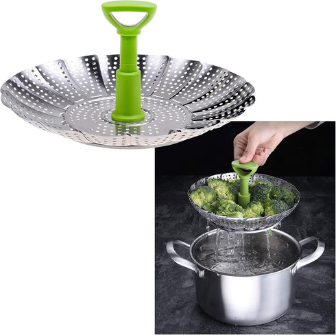 Kare & Kind Adjustable Steamer Basket, Extendable Stainless Steel Steamer with Center Handle, 5.1" to 9"