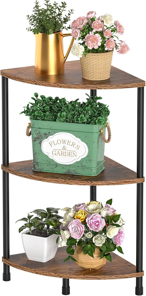 3 23.2" Corner Plant Stand Shelf, Tier Small Shelf Plant Stand for Indoor Plants, Rustic Brown Corner Bookshelf Wall
