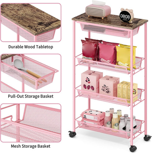 4-Tier KINGRACK Slim Storage Cart, Metal Rolling Cart, Organizer with Wooden Tabletop and Drawer Basket, Mobile
