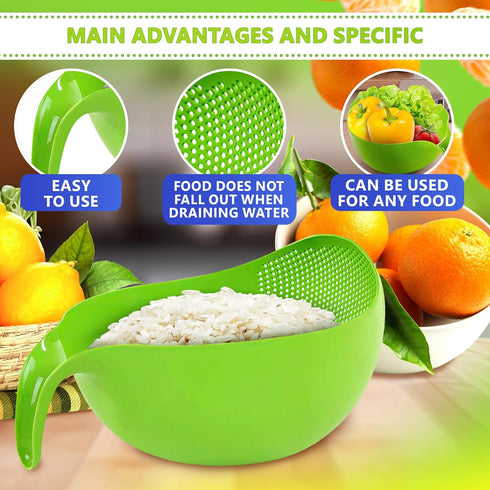 Rice Strainer with Handle - Lightweight Rice Washer Strainer Bowl with Smart Design for Easy Water Draining, Easy to