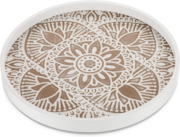 Hanobe Decorative Serving Tray Round: Farmhouse Coffee Table Decor Boho White Mandala