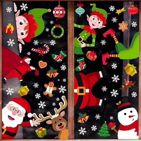 90shine 314PCS Christmas Decorations - Window Clings with Snowflake, Santa, Elf, Reindeer, Gnome Decals, 12 Sheets