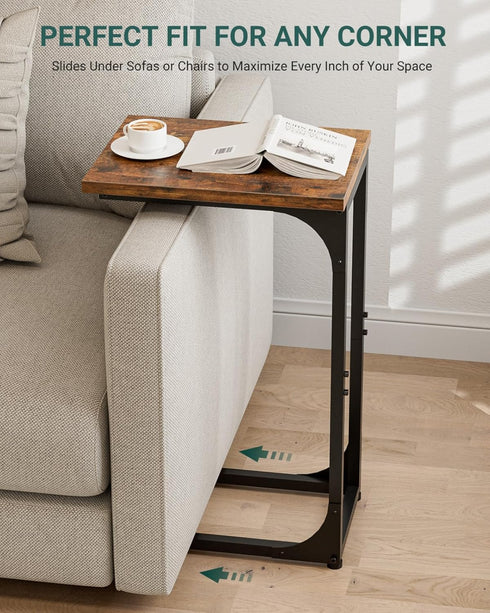 C-Shaped Side Table for Couch - Small Coffee Stand Sofa Tray Desk with Metal Frame and Waterproof Scratch Resistant